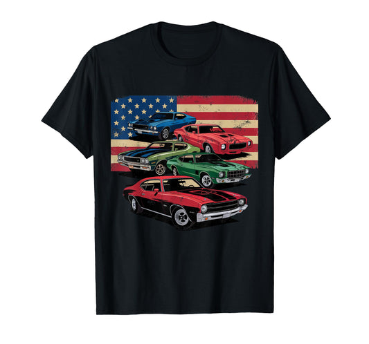 Patriotic American Flag Vintage Muscle Car T-Shirt
