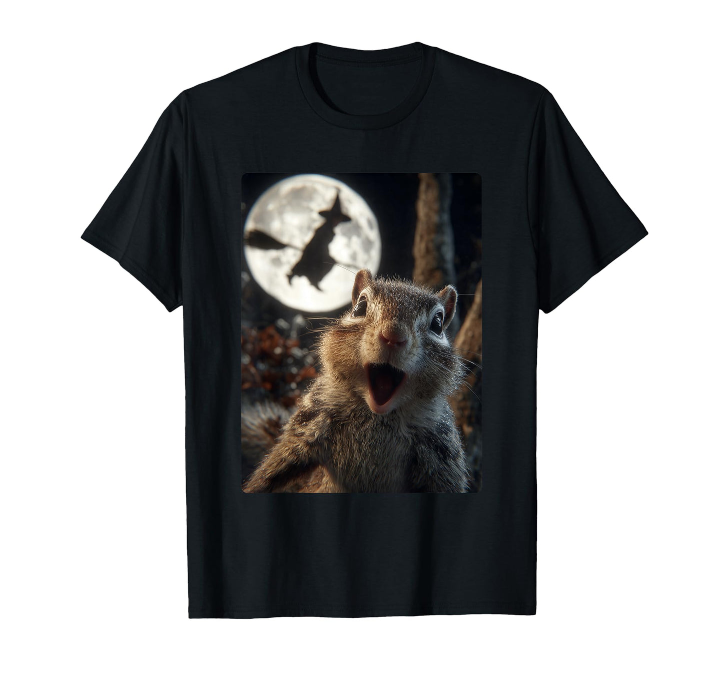 Funny Chipmunk Selfie with Full Moon Flying Witch Halloween T-Shirt