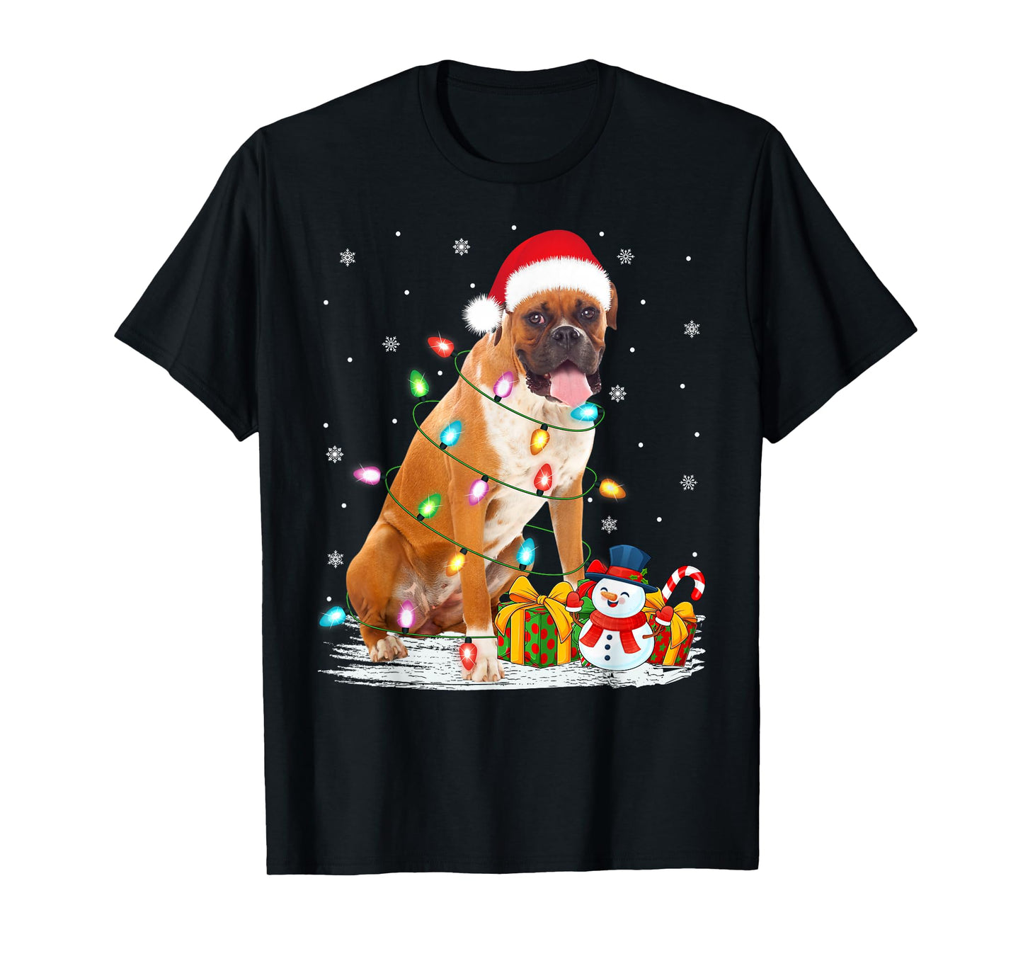 Boxer Dog Christmas Lights Holiday Santa Hat Xmas T-Shirt