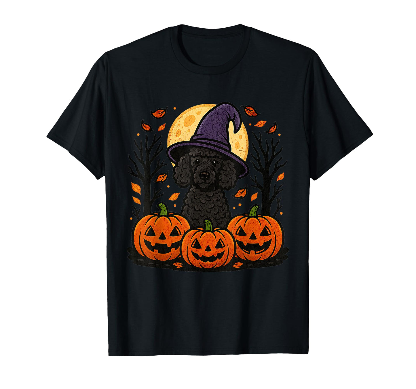 Halloween Black Poodle Witch Hat Pumpkins Autumn Leaves T-Shirt