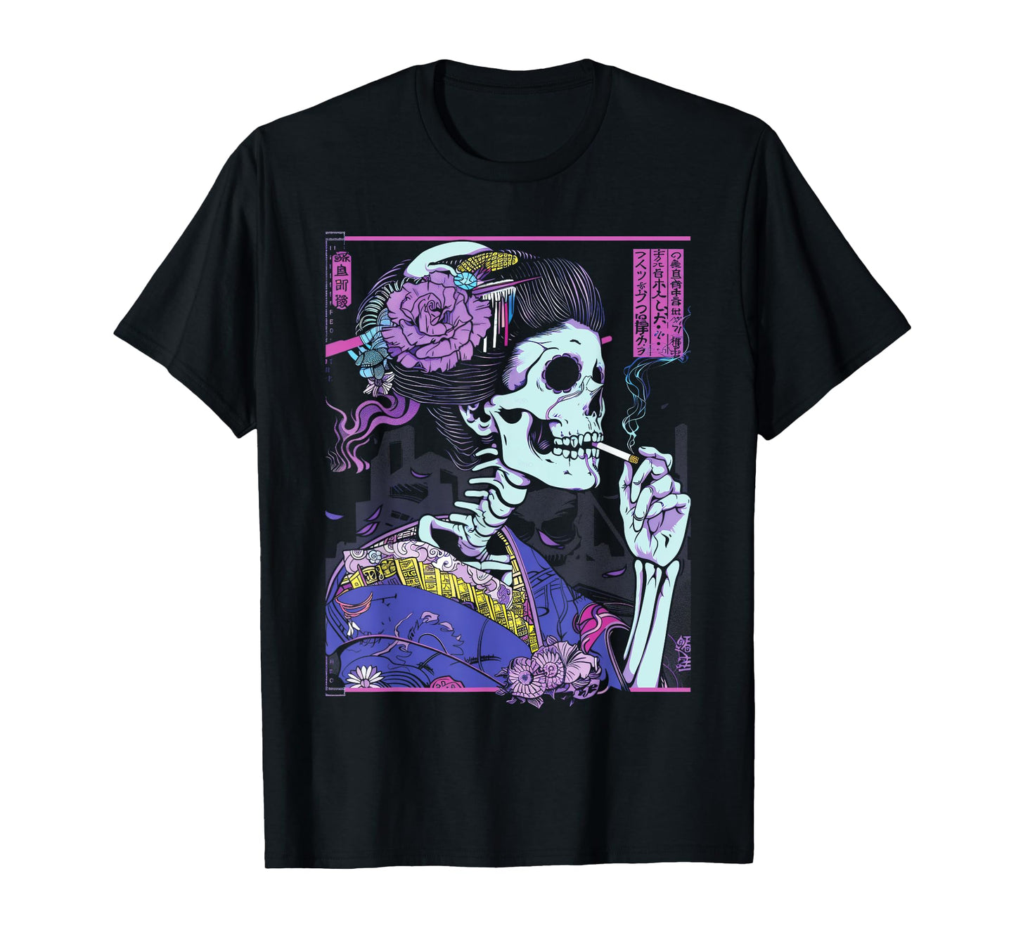 Anime Japanese Goth Cyberpunk City Skull Kimono Vintage T-Shirt