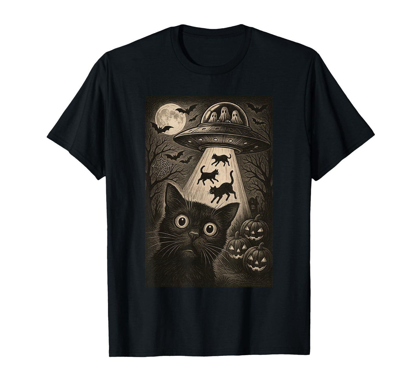 Halloween Cat Selfie Scary Alien Abduction Cats UFO Flying T-Shirt