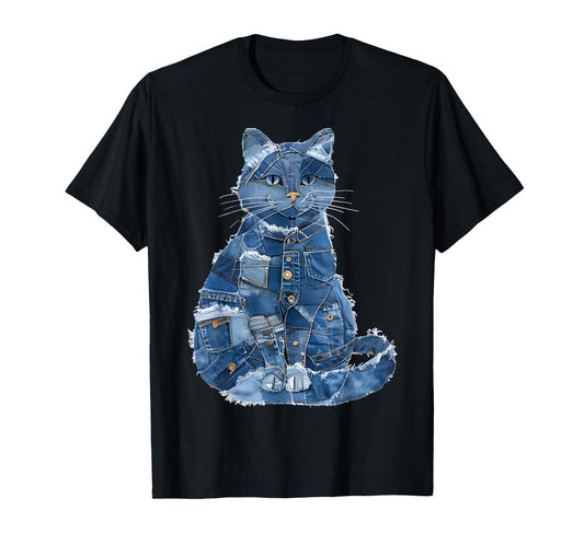 Retro Cat Pattern Denim Patchwork Graphic Art T-Shirt for Men Women