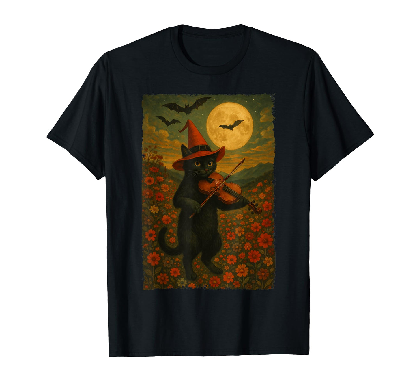 Vintage Halloween Black Cat Playing Violin In A Flower Field T-Shirt
