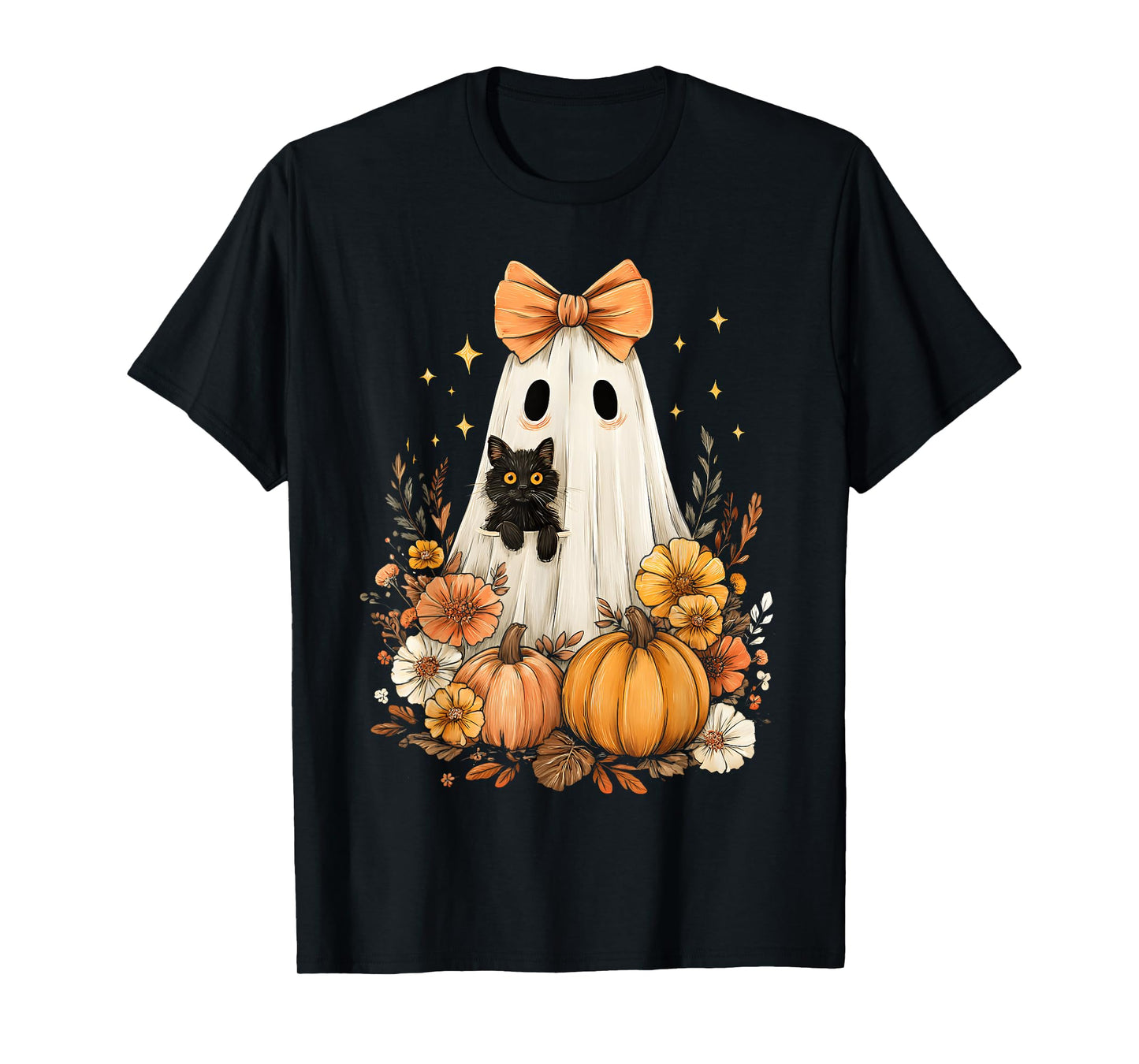 Halloween Vintage Cute Ghost Black Cat Pumpkins Floral T-Shirt