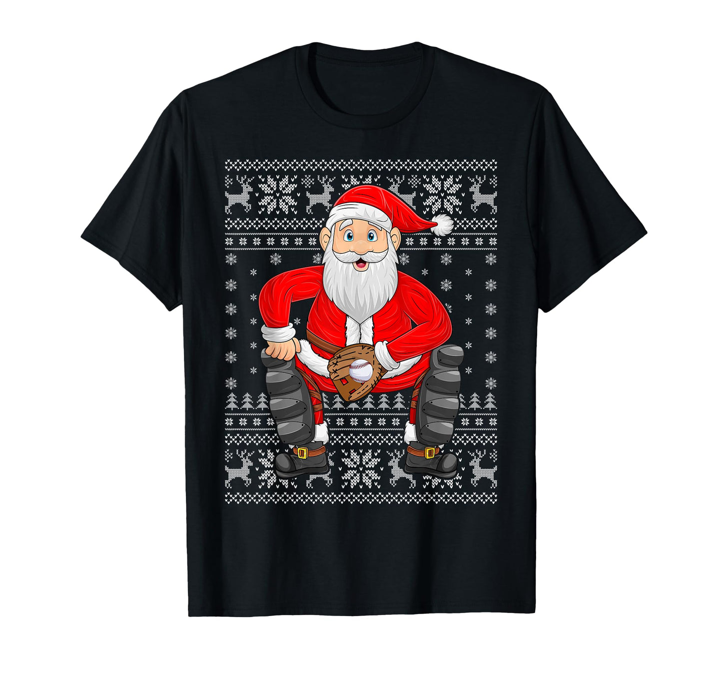 Santa Playing Baseball Catcher Ugly Christmas Sweaters Xmas T-Shirt