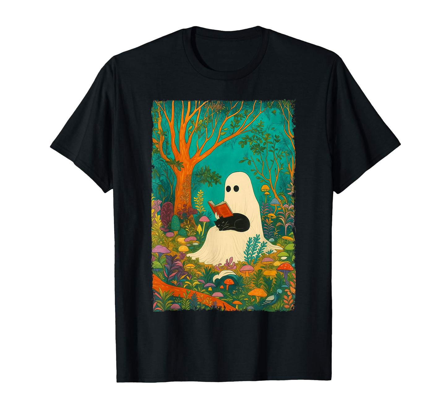 Groovy Ghost Reading Book Black Cat Halloween Ghost Teacher T-Shirt