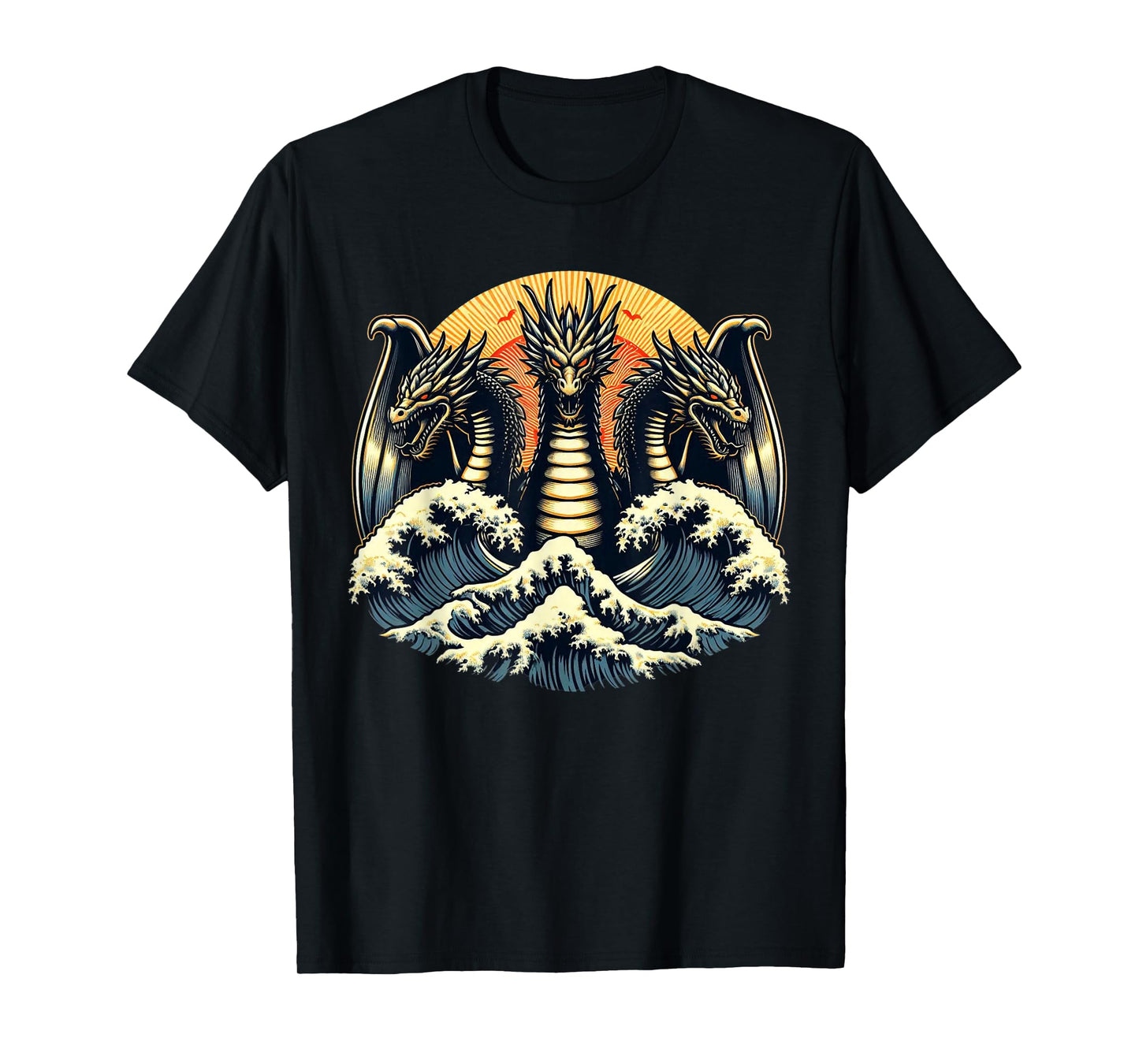 Japanese Dragon King Ghidorah Great Wave off Kanagawa Sunset T-Shirt
