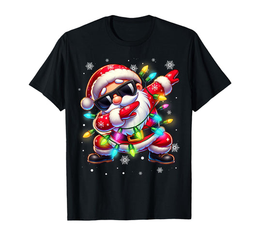 Dabbing Santa Xmas Lights Boys Men Kids Funny Christmas T-Shirt