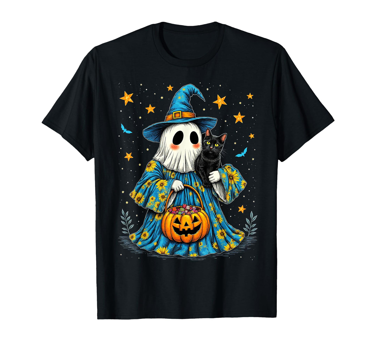 Cute Ghost and Black Cat Boo Groovy Floral Halloween 2025 T-Shirt