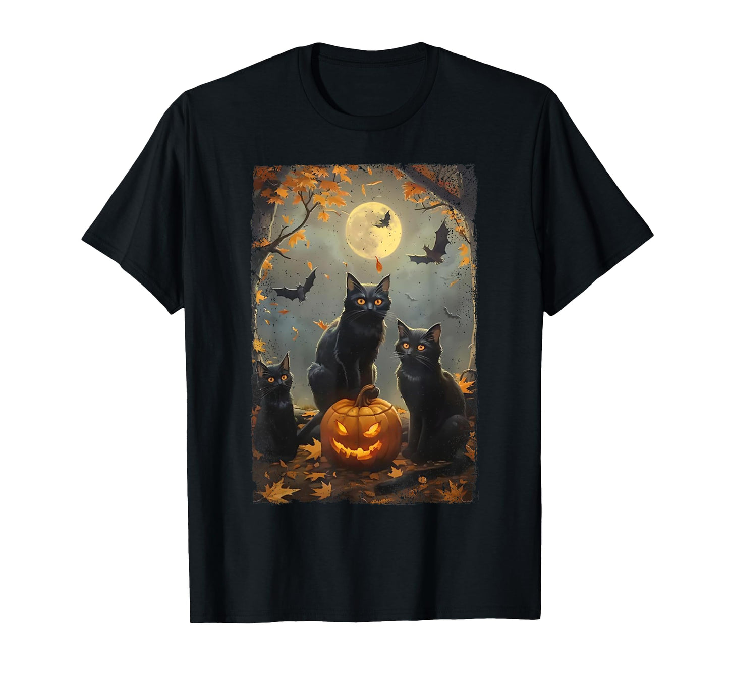 Vintage Three Black Cats Halloween Pumpkin Costume Cat Lover T-Shirt for Men Women Kids