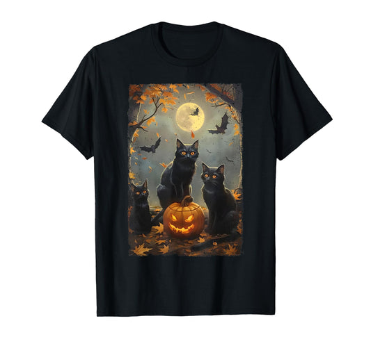 Vintage Three Black Cats Halloween Pumpkin Costume Cat Lover T-Shirt for Men Women Kids