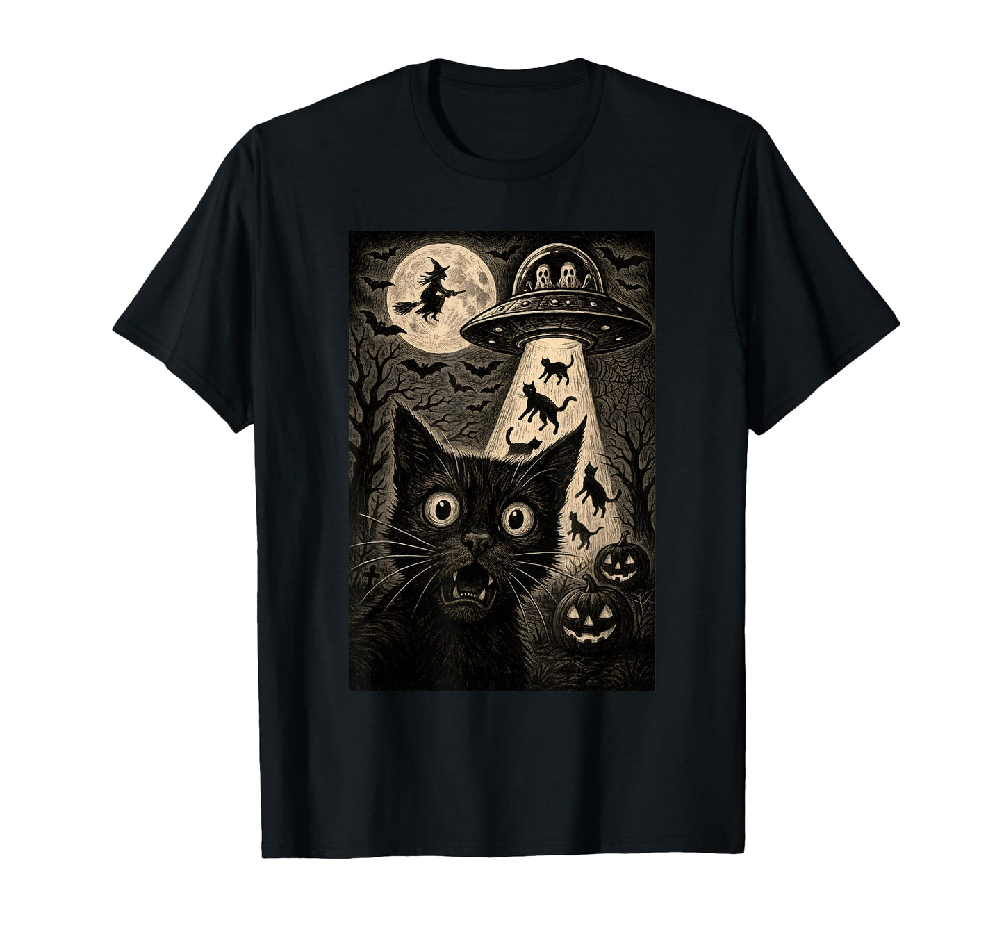 Halloween Cat Selfie Scary Alien Abduction Cats UFO Flying T-Shirt