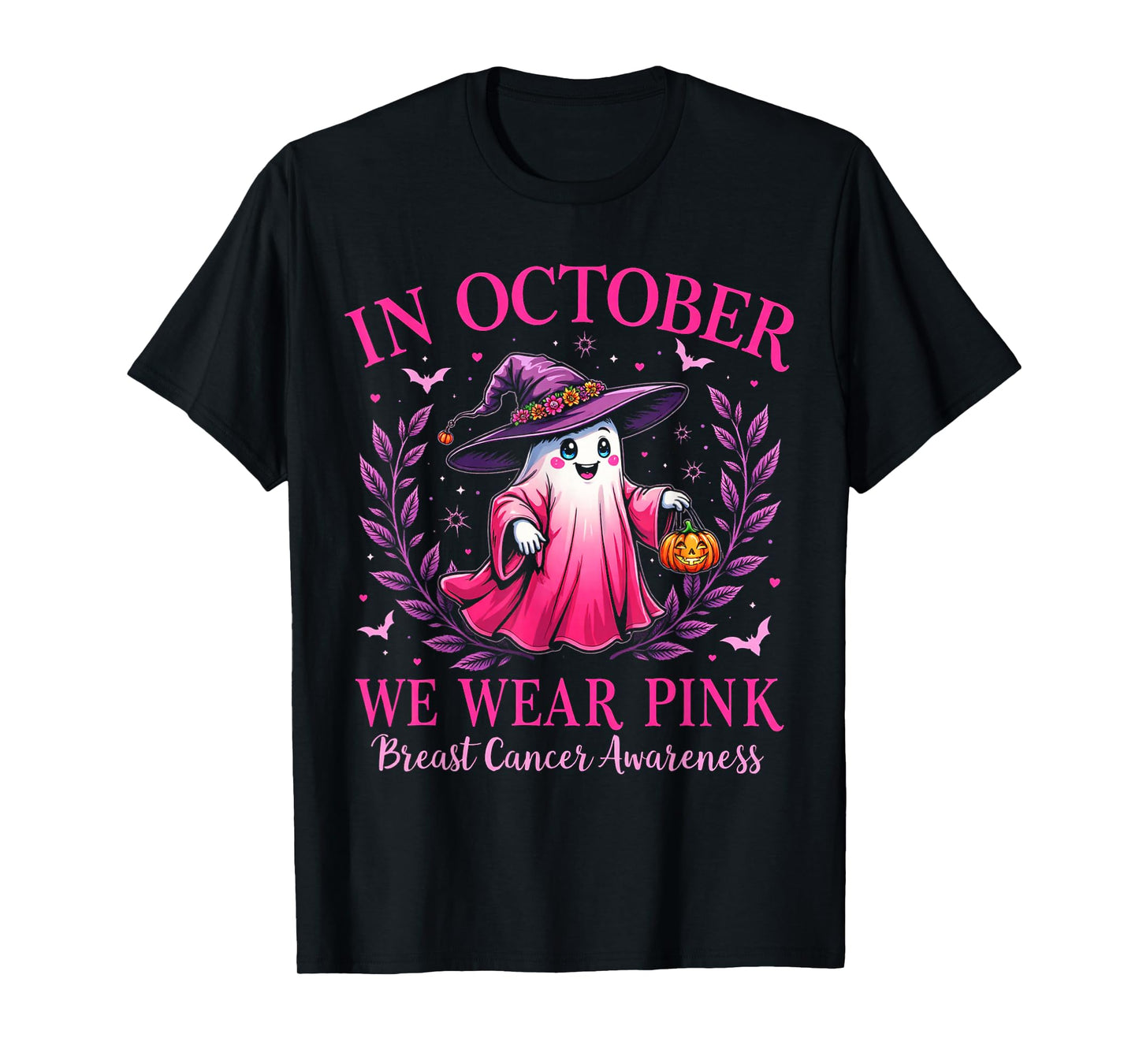 Breast Cancer Awareness 2025 Cute Pink Ghost with Witch Hat T-Shirt