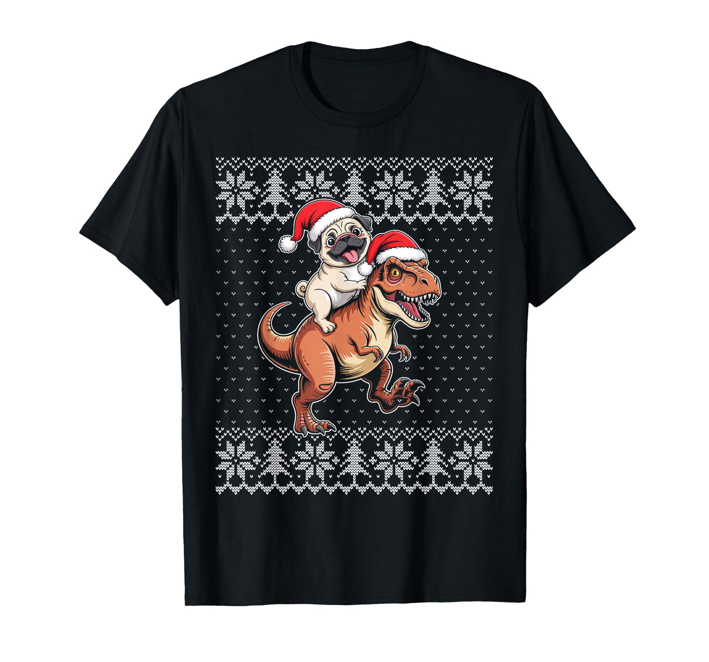 Pug Riding t rex Dinosaur Christmas Ugly Sweater T-Shirt
