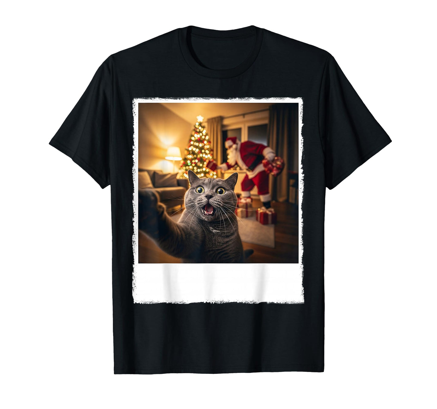 Xmas Funny Cat Selfie with Santa Clause Gift Christmas Night T-Shirt