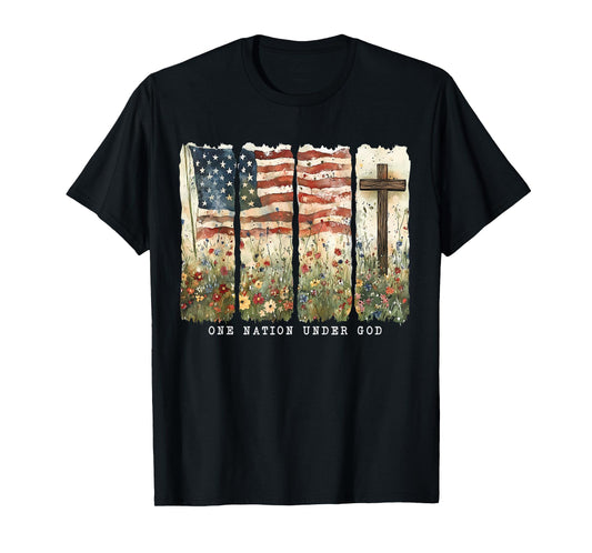 One Nation Under God Flag 4th Of July Patriotic Christian T-Shirt