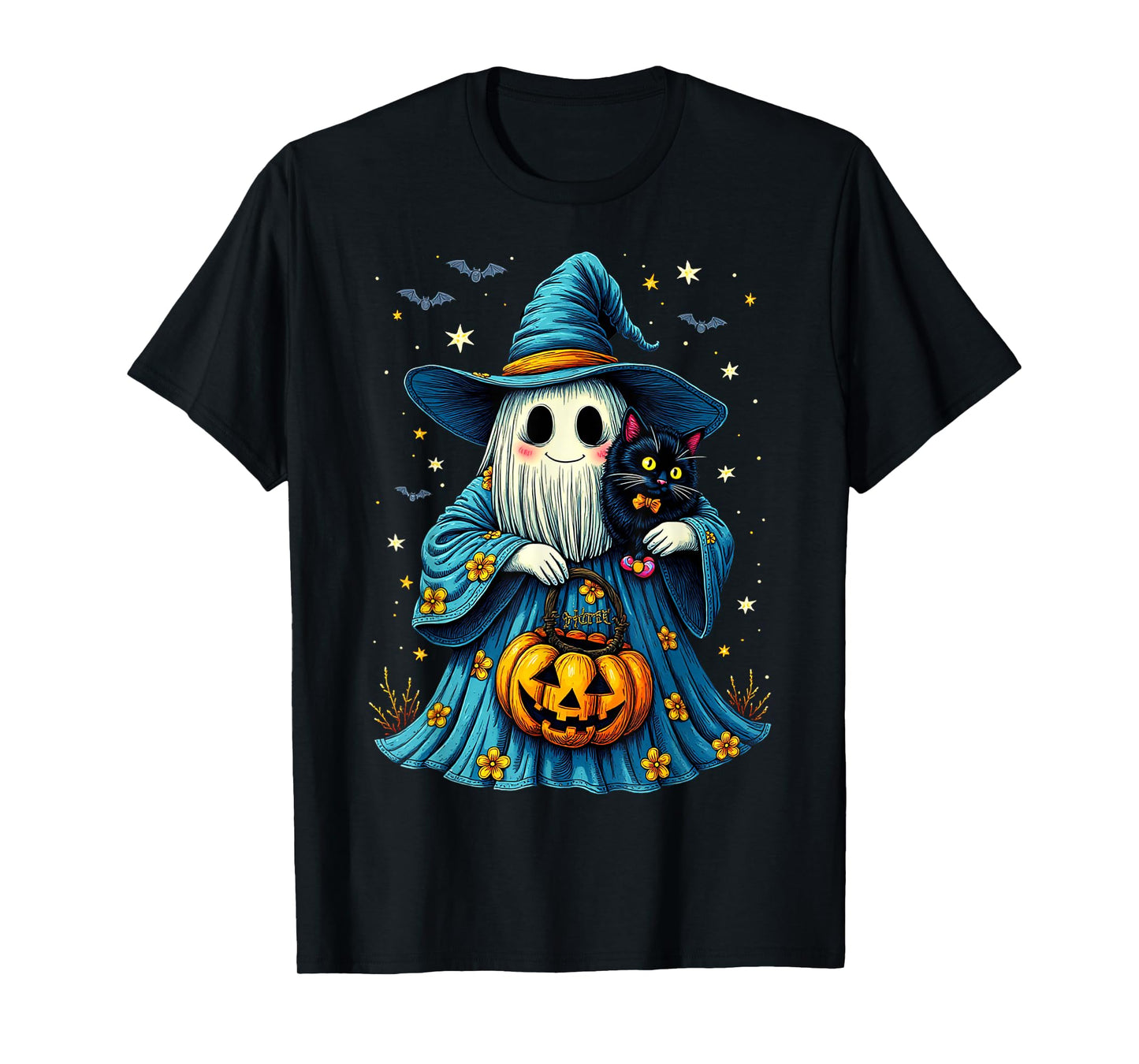 Ghost Holding Black Cat Lover Halloween 2025 Groovy Floral T-Shirt