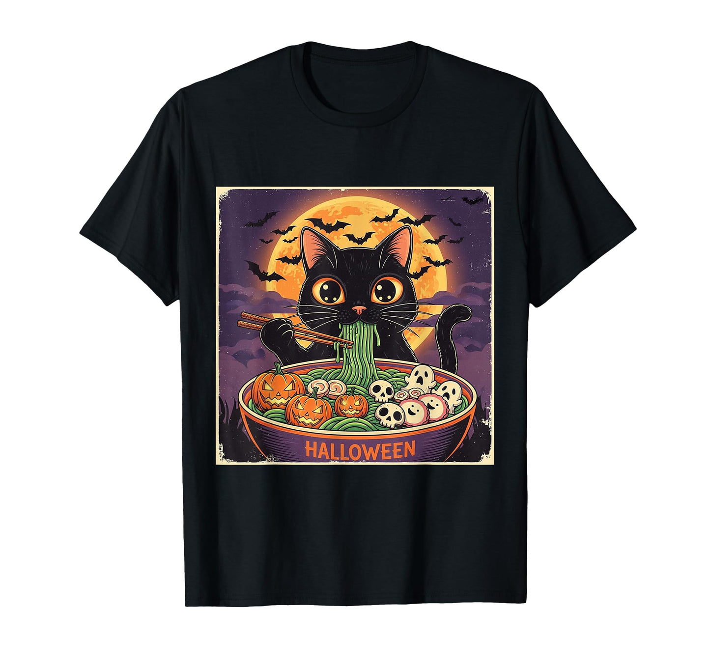Black Cat Witch Hat Slurping Ramen Holiday Vintage Halloween T-Shirt