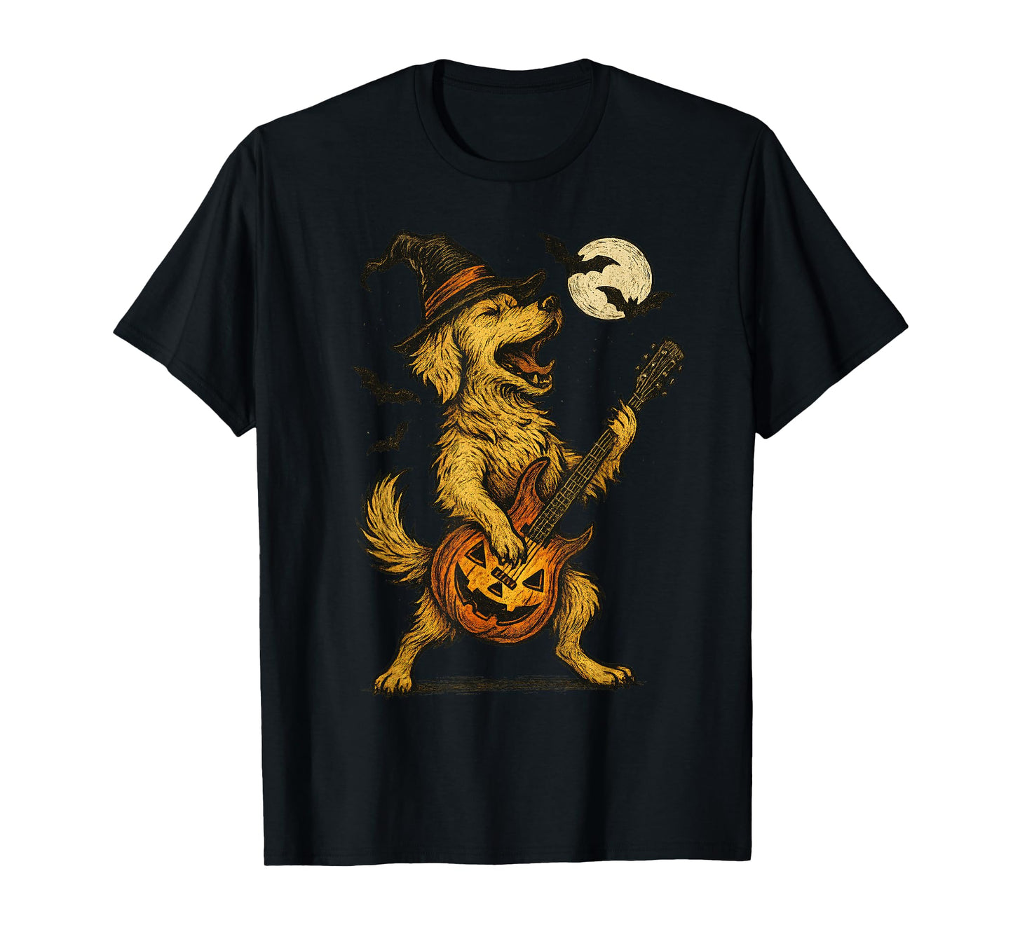 Halloween Golden Retriever Dog Playing Electric Guitar Rock T-Shirt