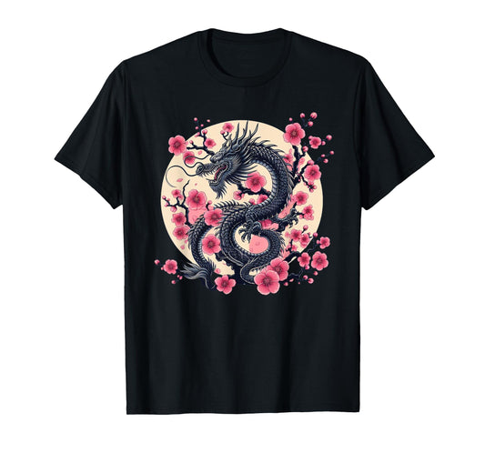 Vintage Chinese Dragon Asian Art Cherry Blossom Pink Flower T-Shirt