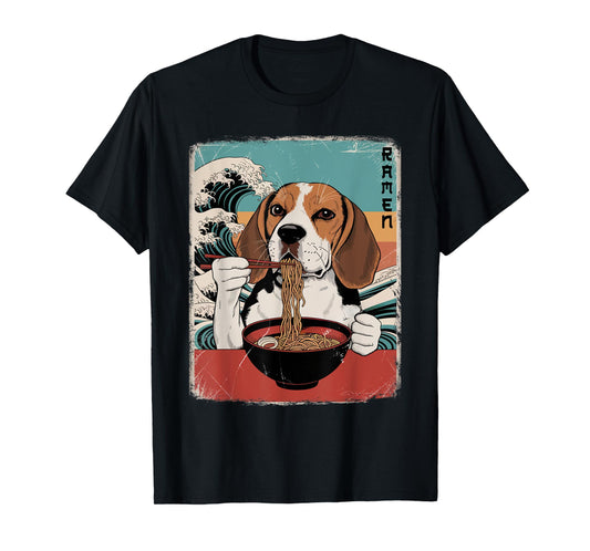 Beagle Eat Ramen Noodles Japanese Art Retro Ocean Waves T-Shirt