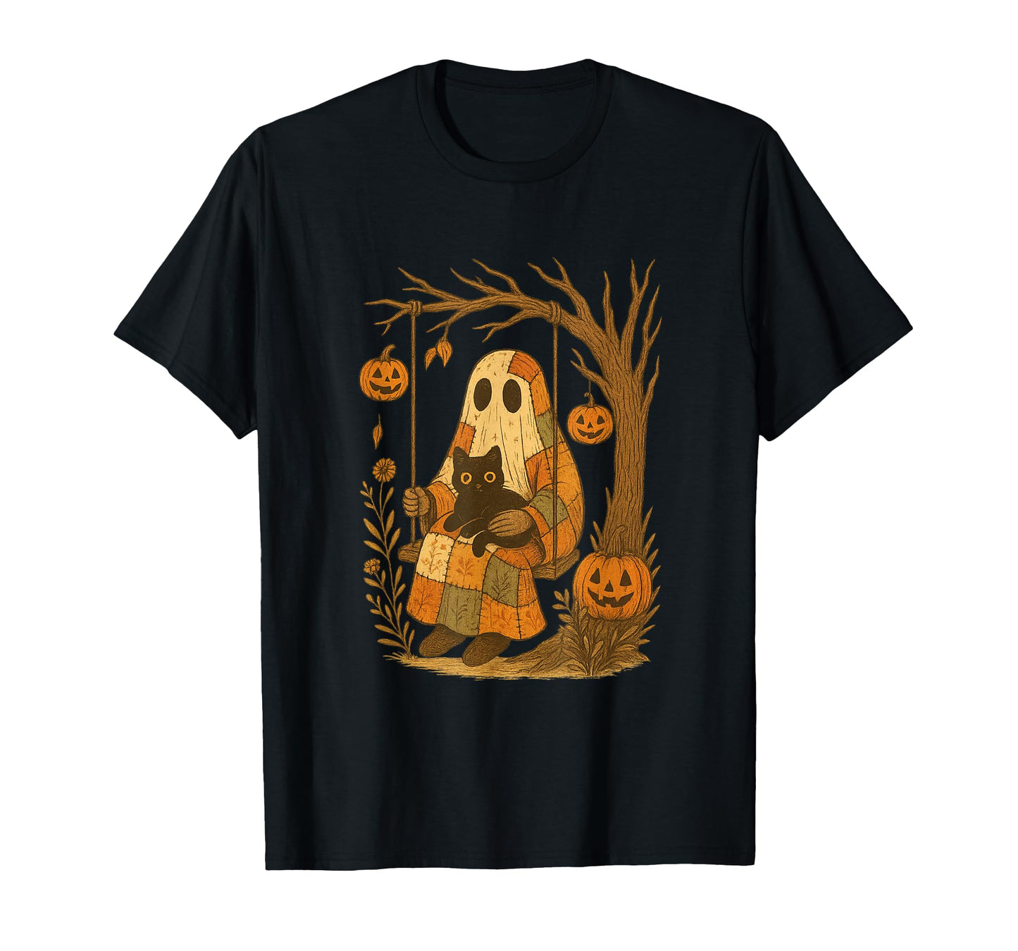 Vintage Halloween Ghost Holding Black Cat Groovy Floral T-Shirt