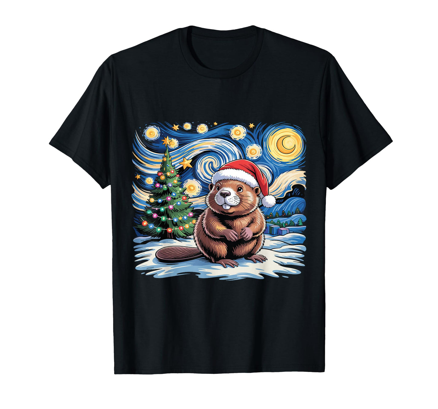 Winter Christmas Tree Beaver Van Gogh Starry Night Holiday T-Shirt