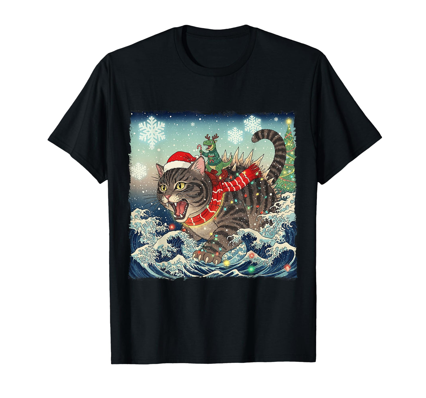 Catzilla Christmas with Cute Dino Cat Funny Holiday Wave T-Shirt