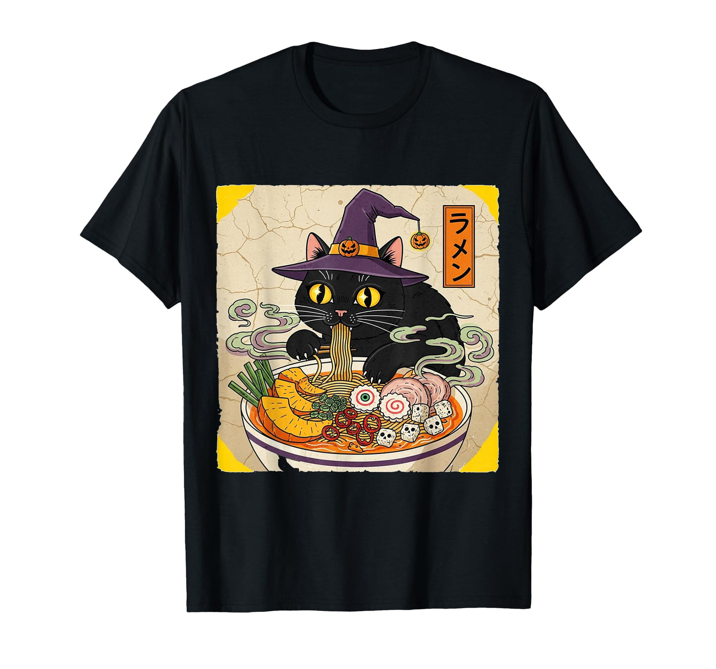 Black Cat Holiday Witch Hat Slurping Ramen Vintage Halloween T-Shirt