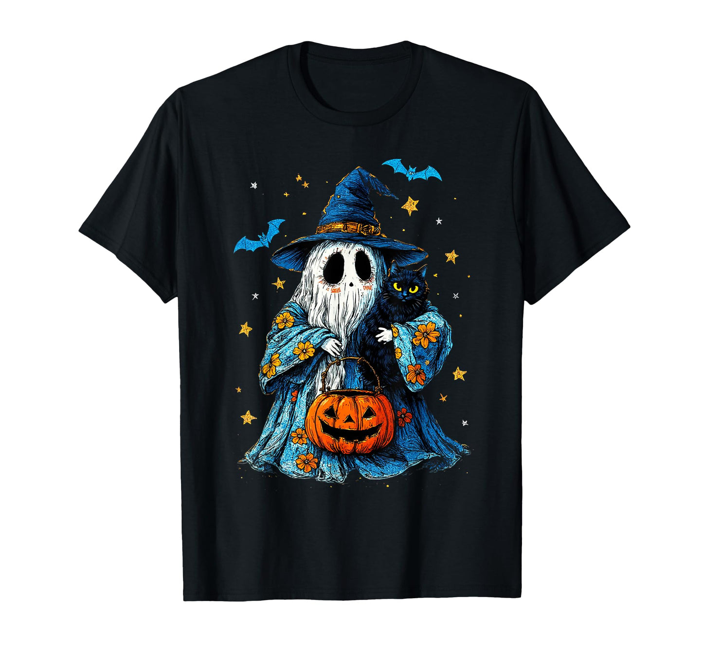 Ghost Holding Black Cat Lover Halloween 2025 Groovy Floral T-Shirt