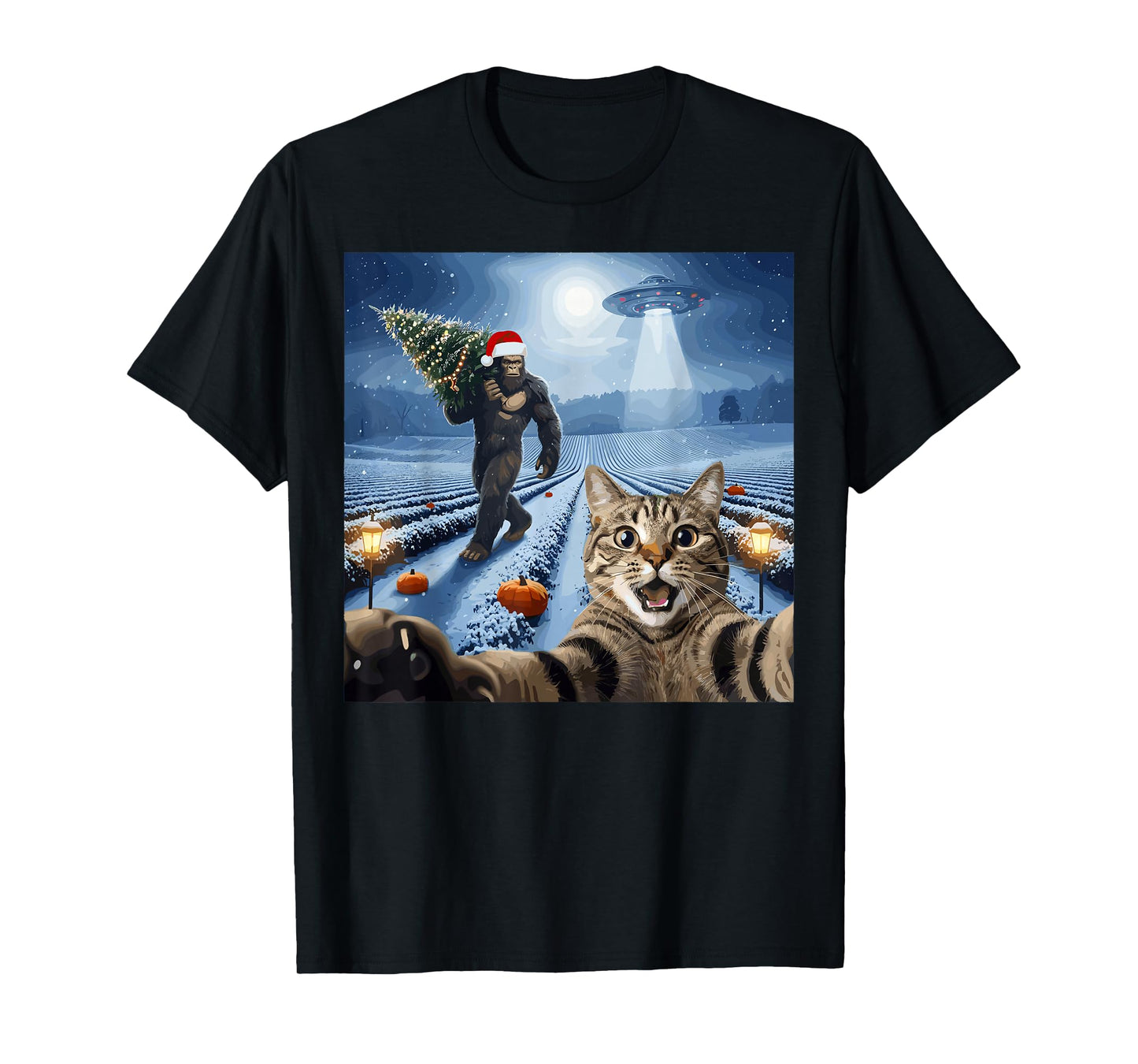Christmas Bigfoot UFO Cat Selfie Pumpkin Snow Scene T-Shirt