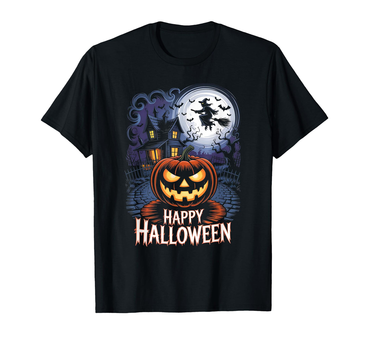 Spooky Halloween Haunted House with Pumpkin, Full Moon Witch T-Shirt