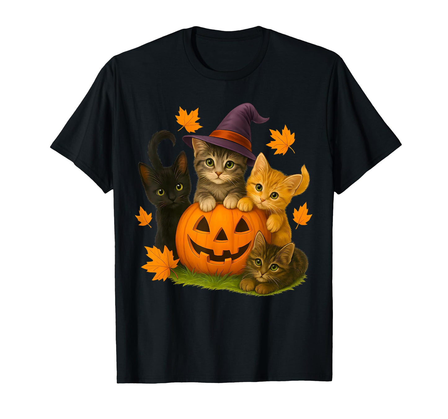 Cute Cats Pumpkin Witch Hat Autumn Halloween Men Women Kids T-Shirt