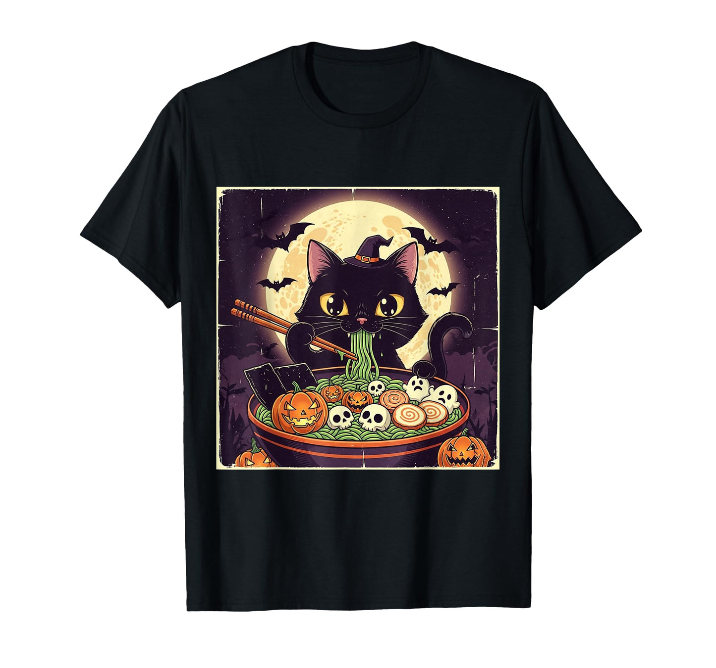 Halloween Cat Ramen Witch Hat Black Bowl Creepy Cute Poster T-Shirt
