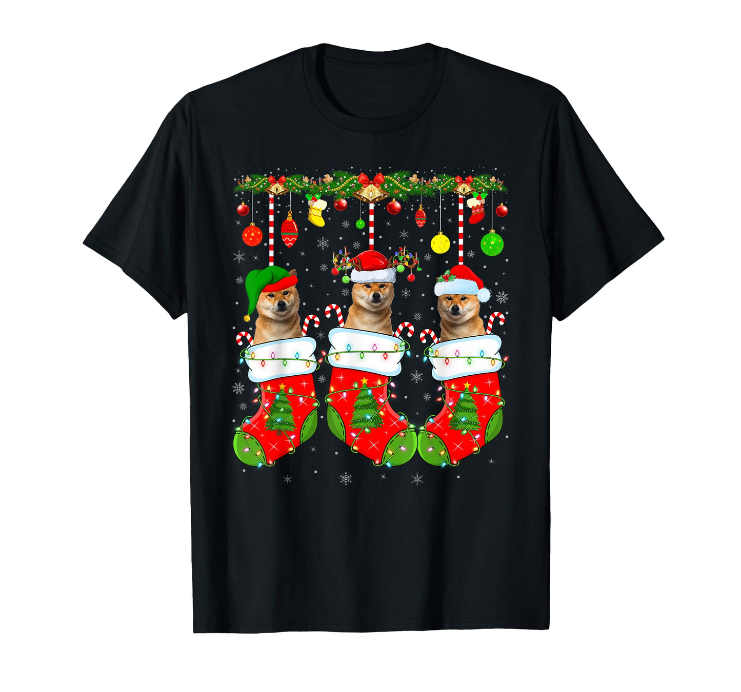 Shiba Inu Dog in Christmas Socks Funny Pet Dog Lover Xmas T-Shirt