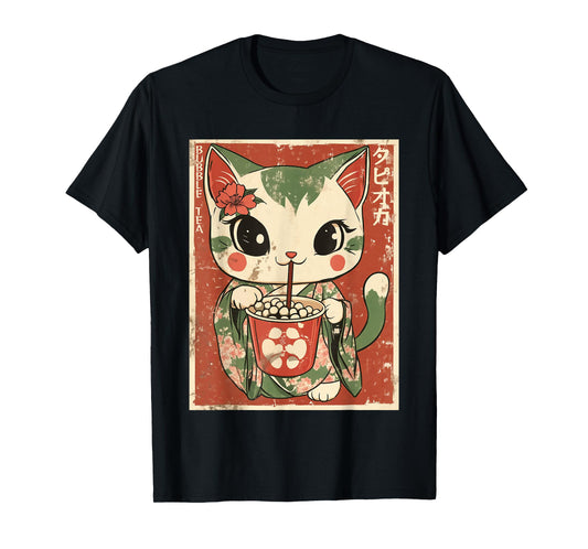 Kawaii Japanese Kimono Cat Bubble Tea Art T-Shirt