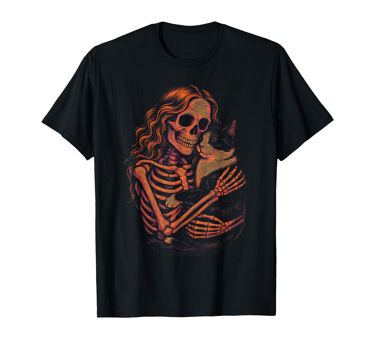 Vintage Skeleton Hugging Tuxedo Cat Halloween Cat Mom Women T-Shirt