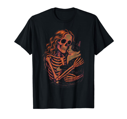 Vintage Skeleton Hugging Tuxedo Cat Halloween Cat Mom Women T-Shirt