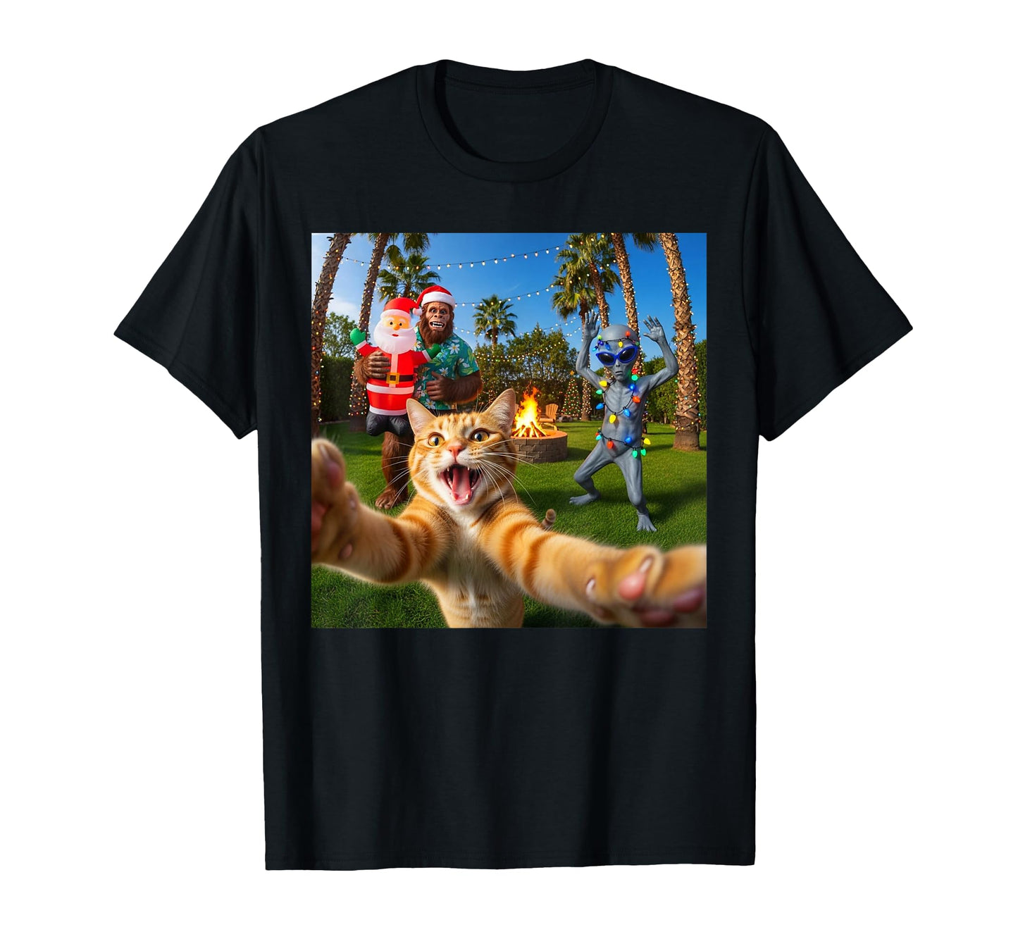 Funny Christmas Cat Selfie with Bigfoot & Alien Party T-Shirt