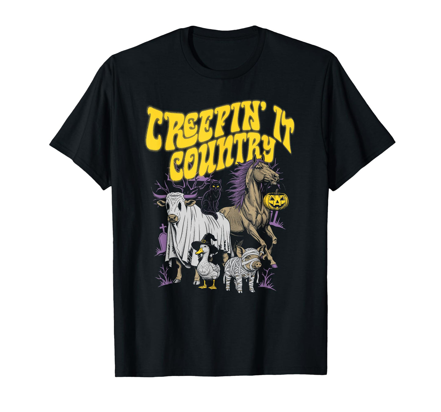 Creepin’ It Country Spooky Farm Animal Halloween Art T-Shirt
