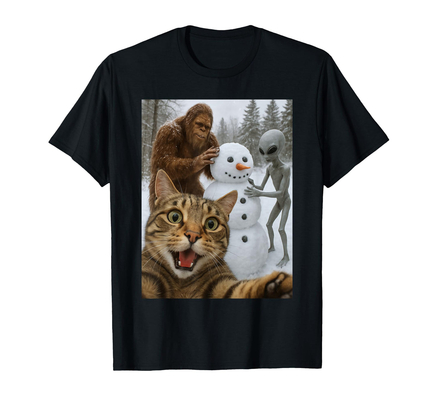 Funny Christmas Cat Selfie with Bigfoot Alien & Snowman T-Shirt