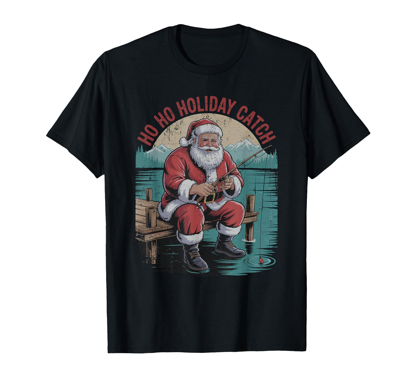 Santa Fishing Retro Vintage 90s Christmas Holiday Fisherman T-Shirt