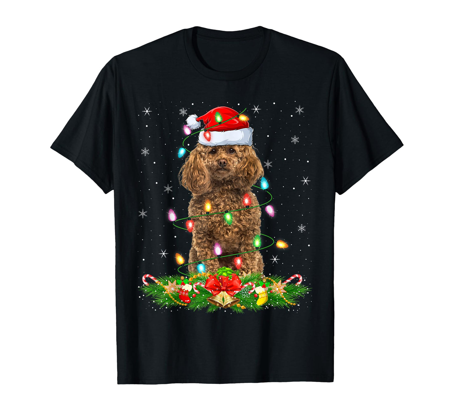 Poodle Dog Christmas Lights Funny Santa Hat Xmas T-Shirt