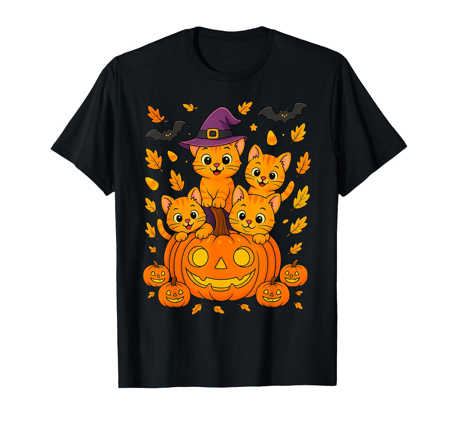 Halloween Pumpkin Party Orange Kittens Leaves Candy Funny T-Shirt