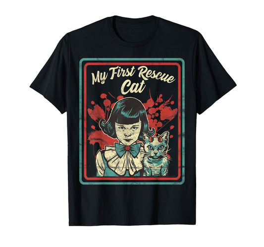 Vintage Child Game Horror, Dark Humor, My First Rescue Cat T-Shirt