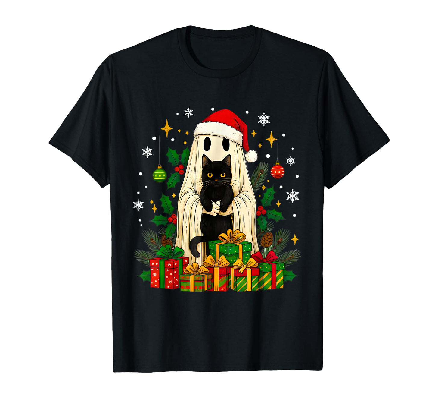 Vintage Christmas Ghost Holding Black Cat Groovy Floral T-Shirt
