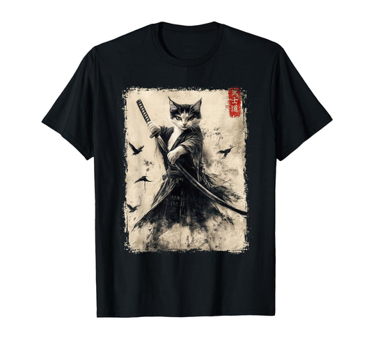 Samurai Cat Graphic Tee Warrior Vintage Japanese Art Anime T-Shirt