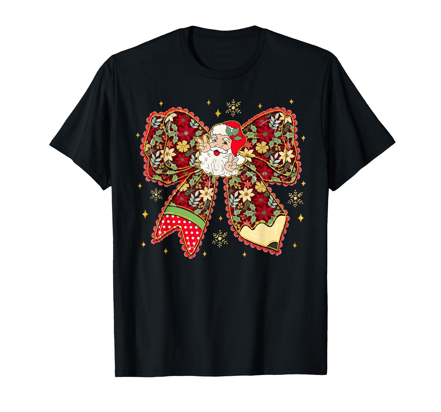 Santa Peace Sign Floral Coquette Bow Christmas Pajamas Girly T-Shirt