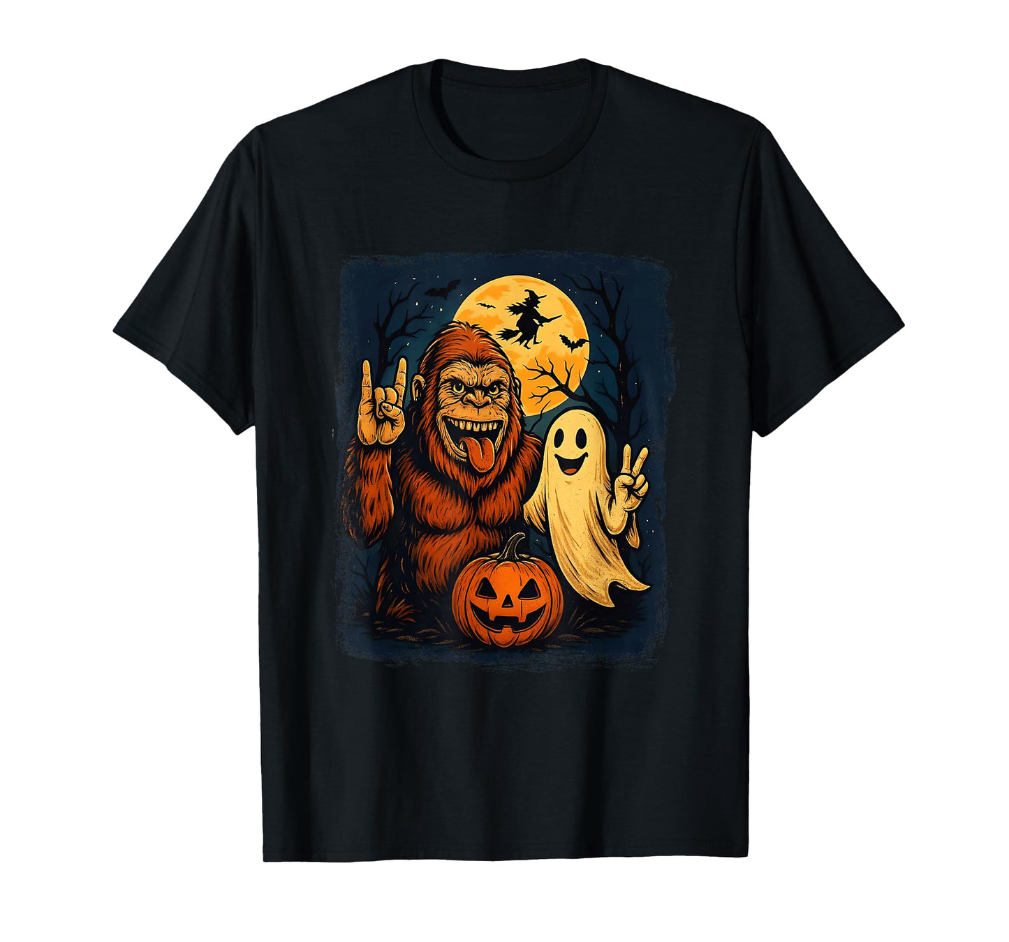 Tongue Out Bigfoot Selfie with Ghost Witch Pumpkin Halloween T-Shirt